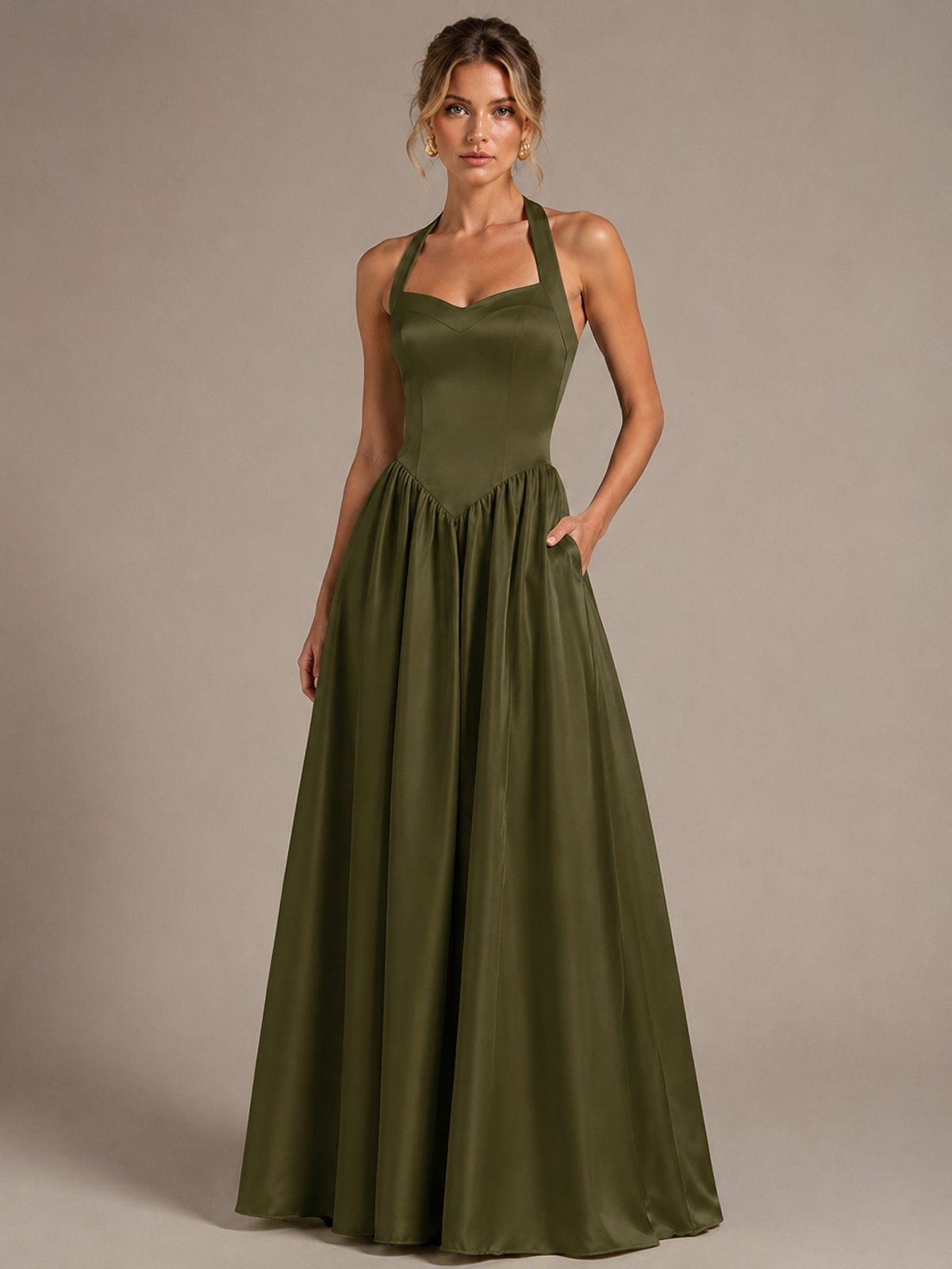 Light Yellow Halter Neck Satin A-Line Maxi Dress with Pockets