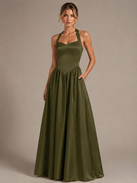 Light Yellow Halter Neck Satin A-Line Maxi Dress with Pockets