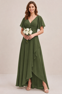 Dusty Blue Chiffon Bridesmaid Dress with Flutter Sleeves & High-Low Hem