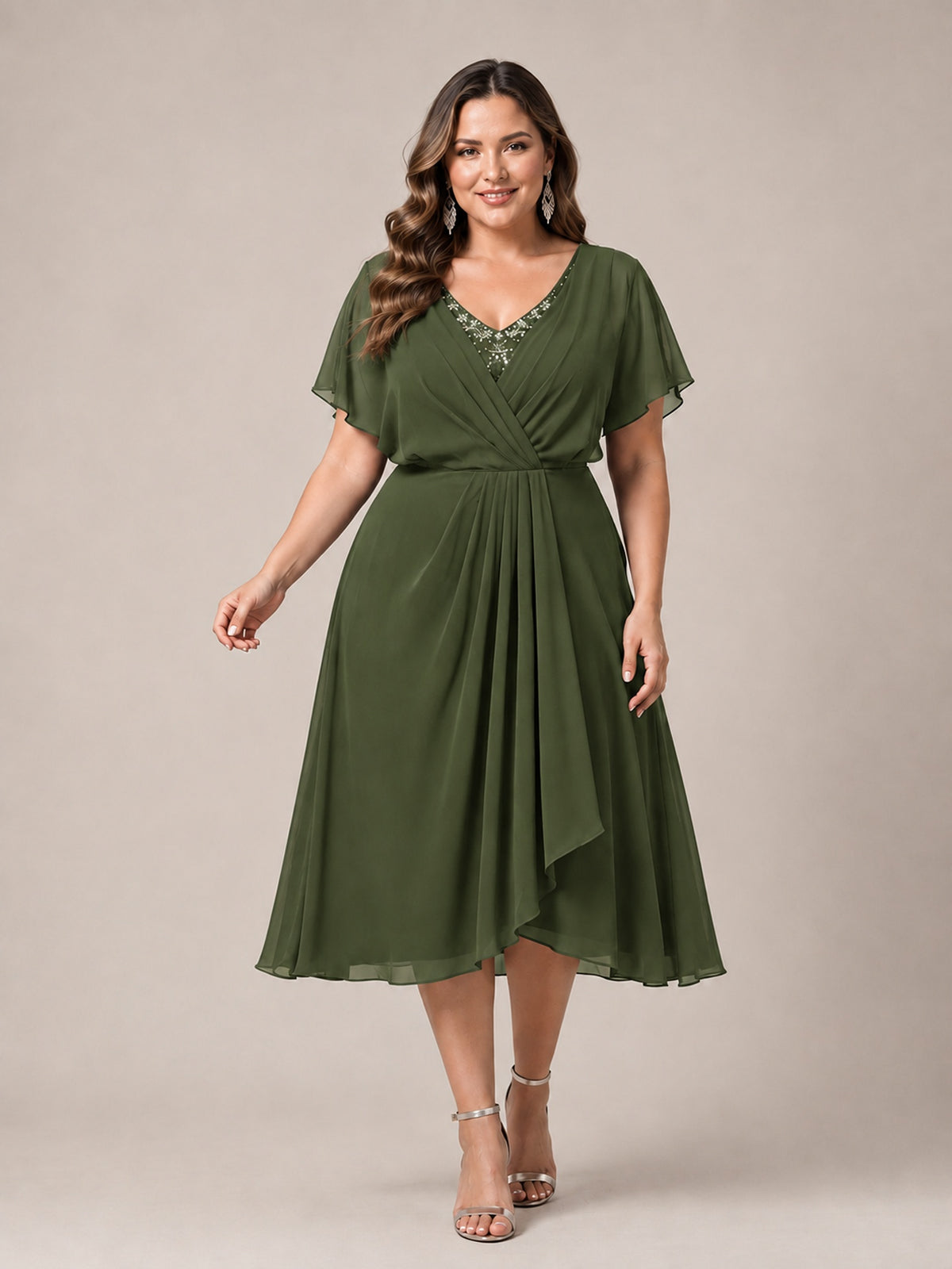 Navy Blue A-Line V-Neck Tea-Length Mother of the Bride Dress