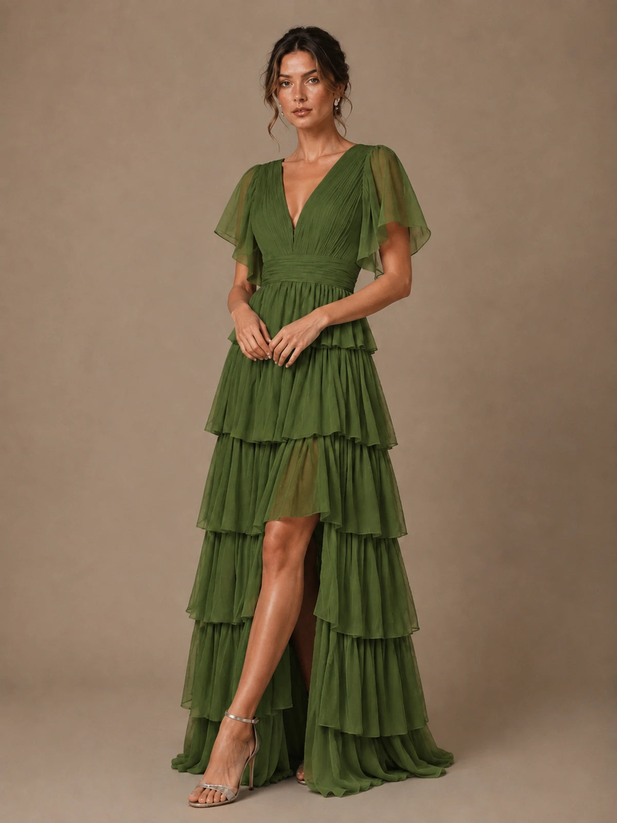 Chiffon V-Neck Tiered Ruffle Bridesmaid Dress with Slit