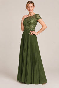 Embroidered Lace Pleated Mother of the Bride Dress