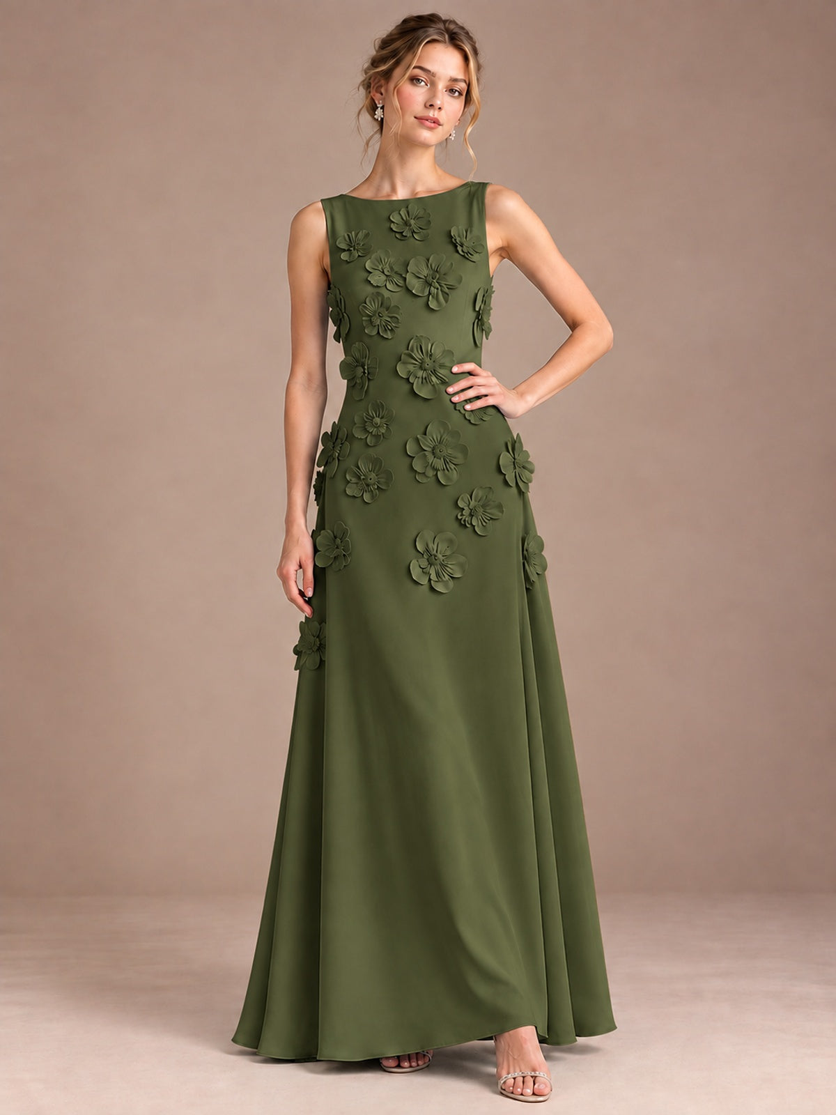 3D Floral Applique Sleeveless Formal Maxi Dress