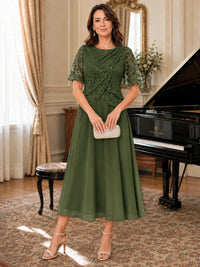 Tea-Length Chiffon Mother of the Bride Dress with Sequin Lace Sleeves