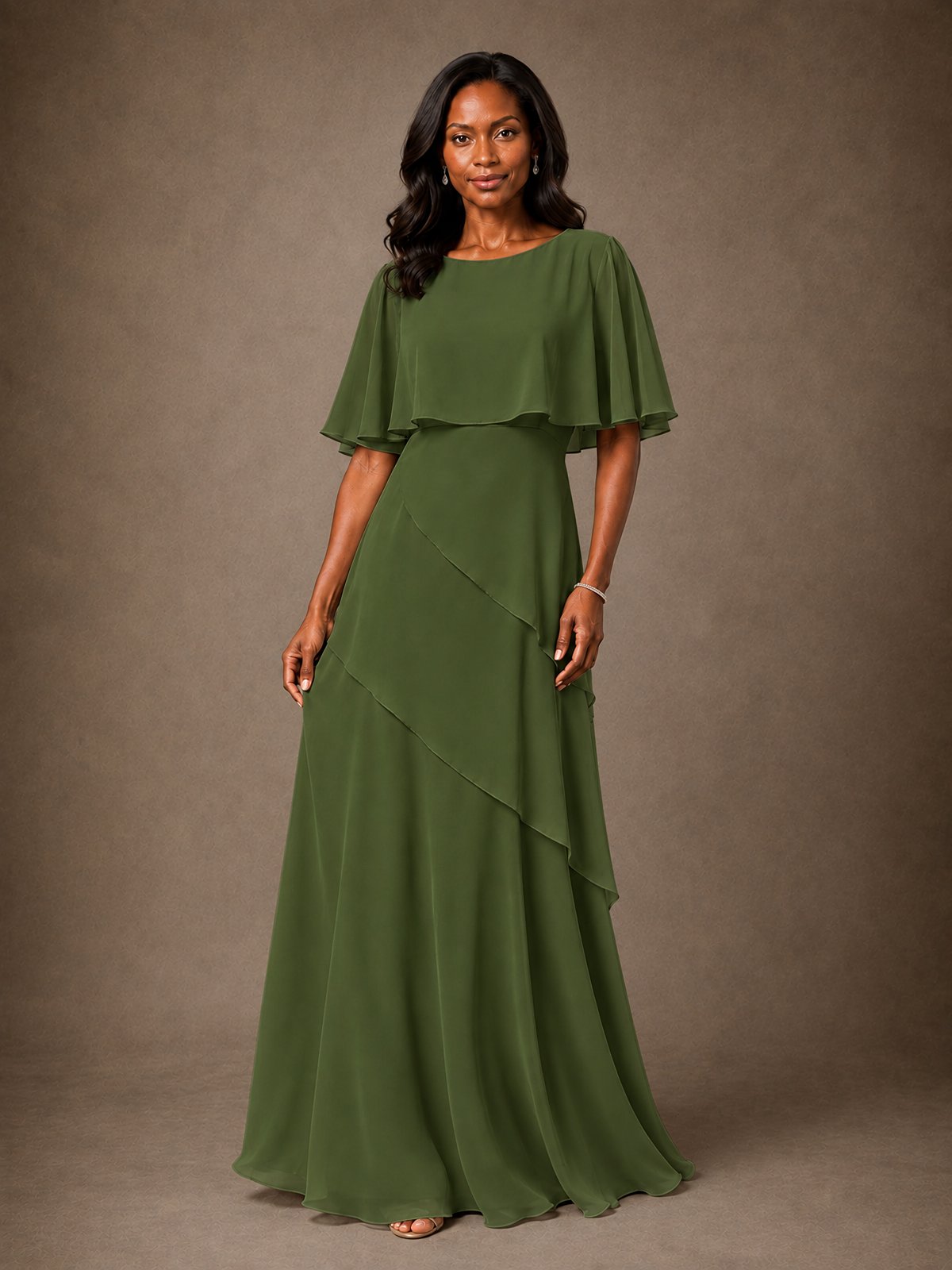 Taupe Chiffon A-Line Mother of the Bride Dress with Cape Sleeves