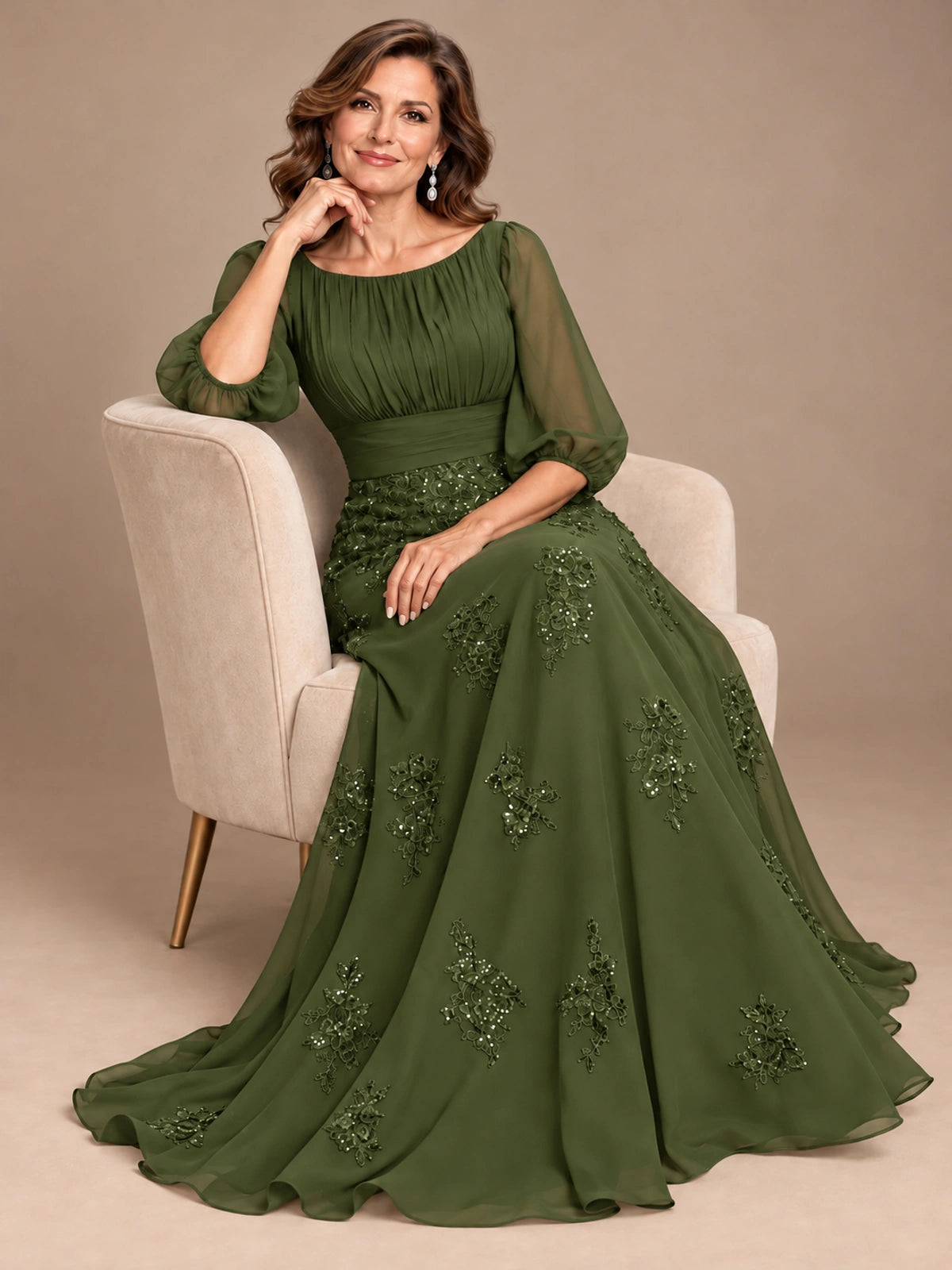 A-Line Mother of the Bride Dress with Sheer Puff Sleeves