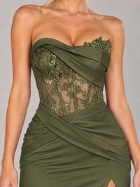 Strapless Satin Prom Dress with Sheer Lace Corset & High Slit