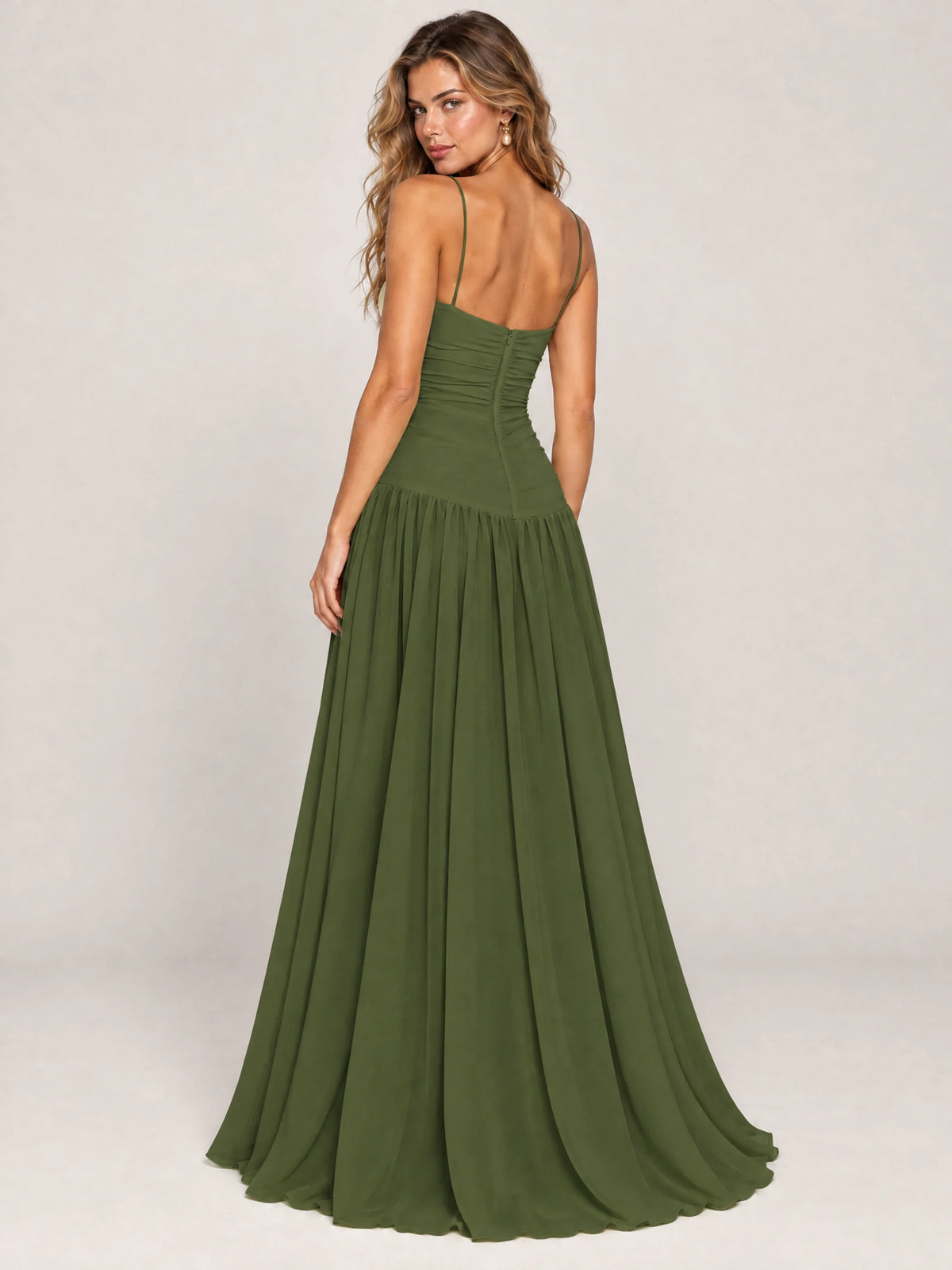 Butter Yellow Ruched Spaghetti Strap Drop-Waist Prom Dress