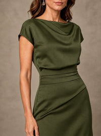 Cowl Neck Satin Mother of the Bride Dress with Ruched Waist