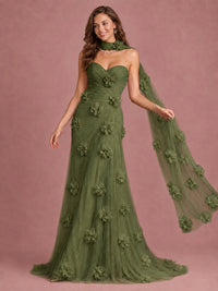 Blush Pink Strapless Sweetheart 3D Floral Tulle Mermaid Prom Dress