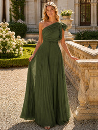 One Shoulder Pleated Chiffon A-Line Floor-Length Bridesmaid Dress