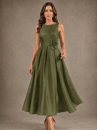 Tea-Length Satin Mother of the Bride Dress with 3D Flower Detail