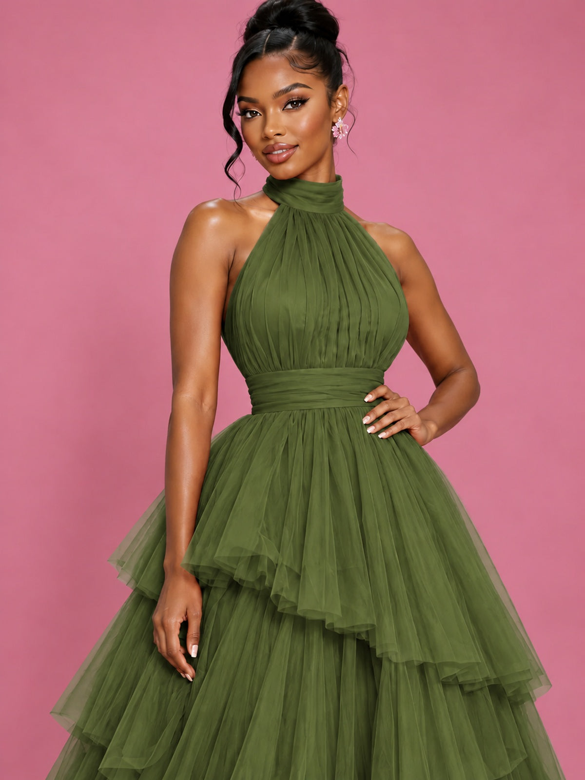 Hot Pink Tulle Halter Neck Tiered Ruffle Maxi Dress