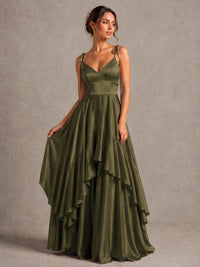 Lavender Satin V-Neck Ruffle Maxi Dress