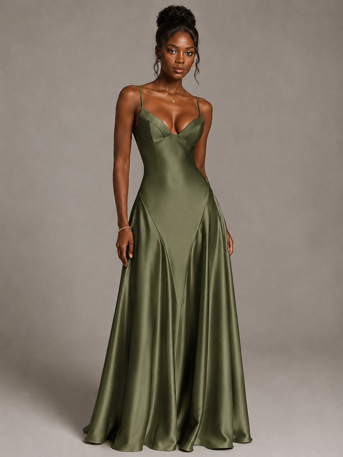 Lavender V Neck Satin Prom Dress with Spaghetti Straps