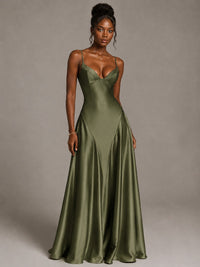 Lavender V Neck Satin Prom Dress with Spaghetti Straps