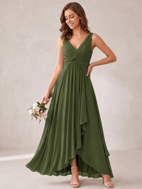 V-Neck High-Low Chiffon Bridesmaid Dress with Ruffles