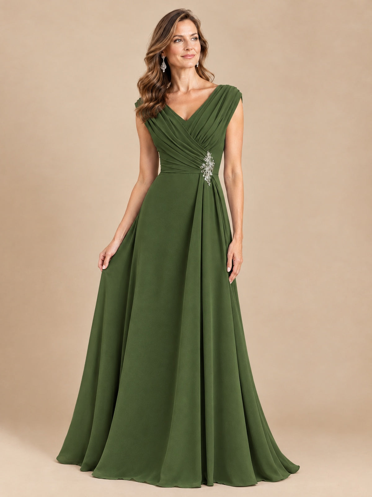 V Neck Pleated Mother of The Bride Dresses with Beading Cap Sleeves