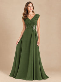 V Neck Pleated Mother of The Bride Dresses with Beading Cap Sleeves