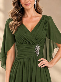 Ruched V Neck Mother of The Bride Dresses with Shawls Appliques and Cap Sleeves