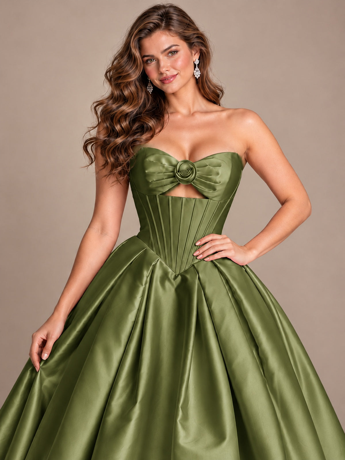 Pink Strapless Corset Satin Prom Derss & Ball Gown with 3D Floral