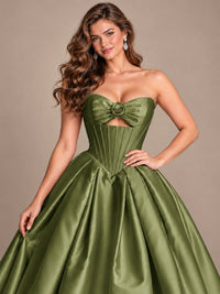 Pink Strapless Corset Satin Prom Derss & Ball Gown with 3D Floral