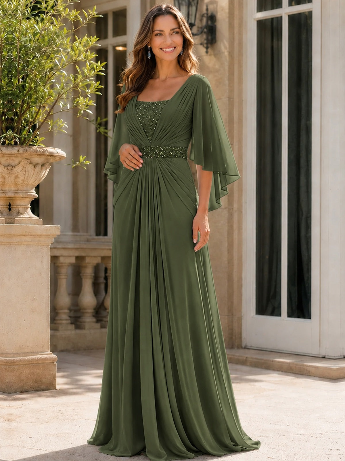 Elegant V-Neck Sequined Chiffon Mother of the Bride Dress with Flutter Sleeves