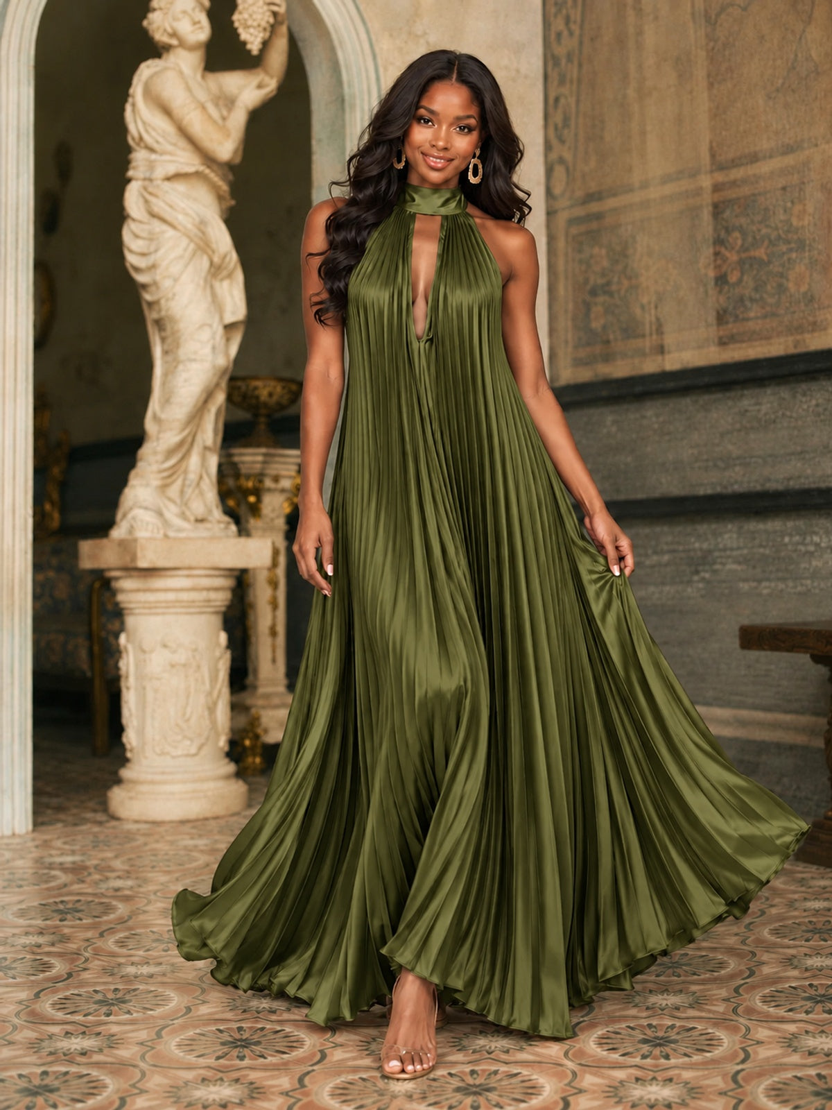 Rust Orange Pleated Halter Neck Maxi Dress