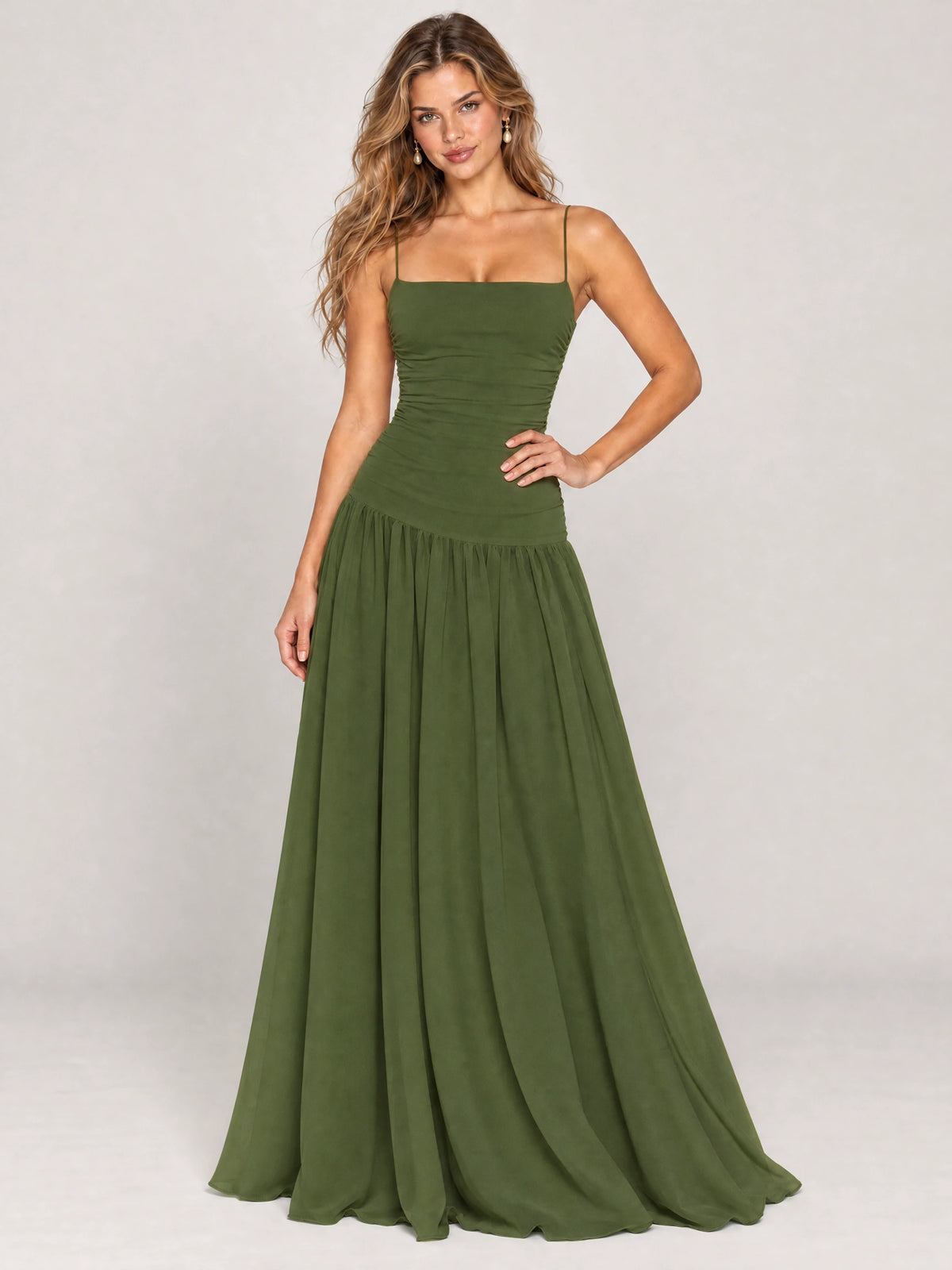 Butter Yellow Ruched Spaghetti Strap Drop-Waist Prom Dress