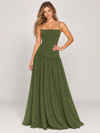 Butter Yellow Ruched Spaghetti Strap Drop-Waist Prom Dress
