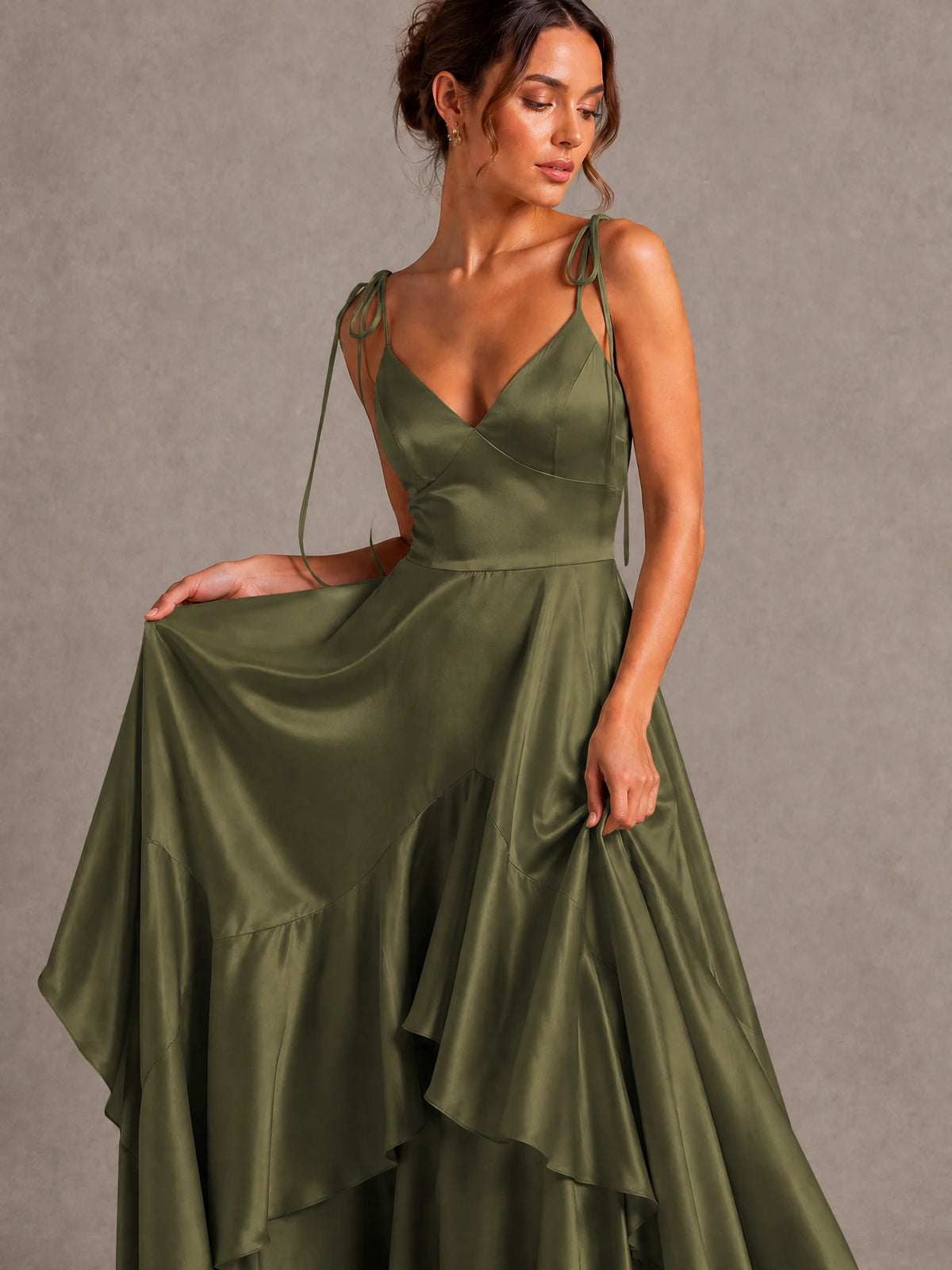 Lavender Satin V-Neck Ruffle Maxi Dress
