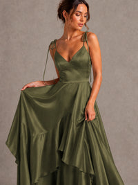 Lavender Satin V-Neck Ruffle Maxi Dress