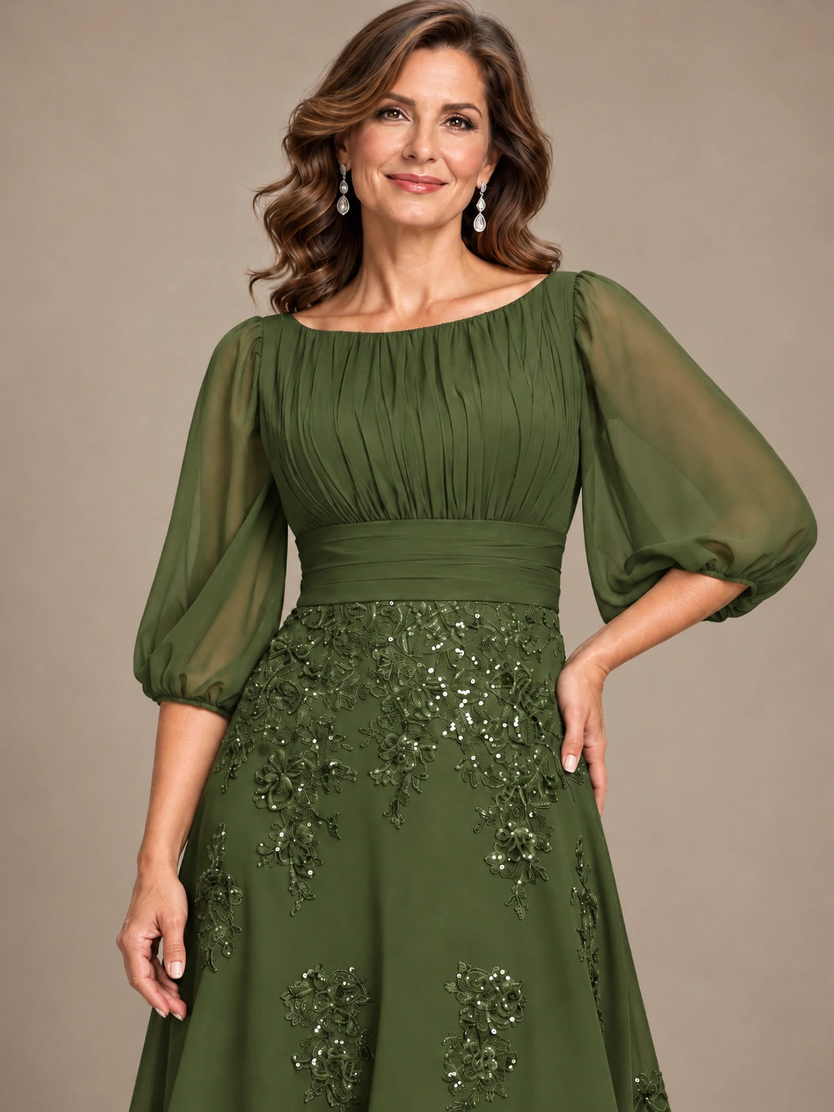 A-Line Mother of the Bride Dress with Sheer Puff Sleeves