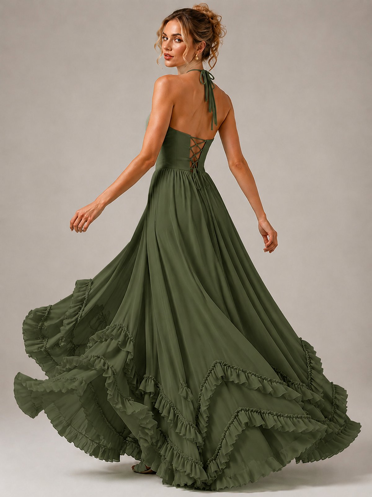Halter V Neck Chiffon Formal Dress with Lace-Up Back and Ruffle Hem