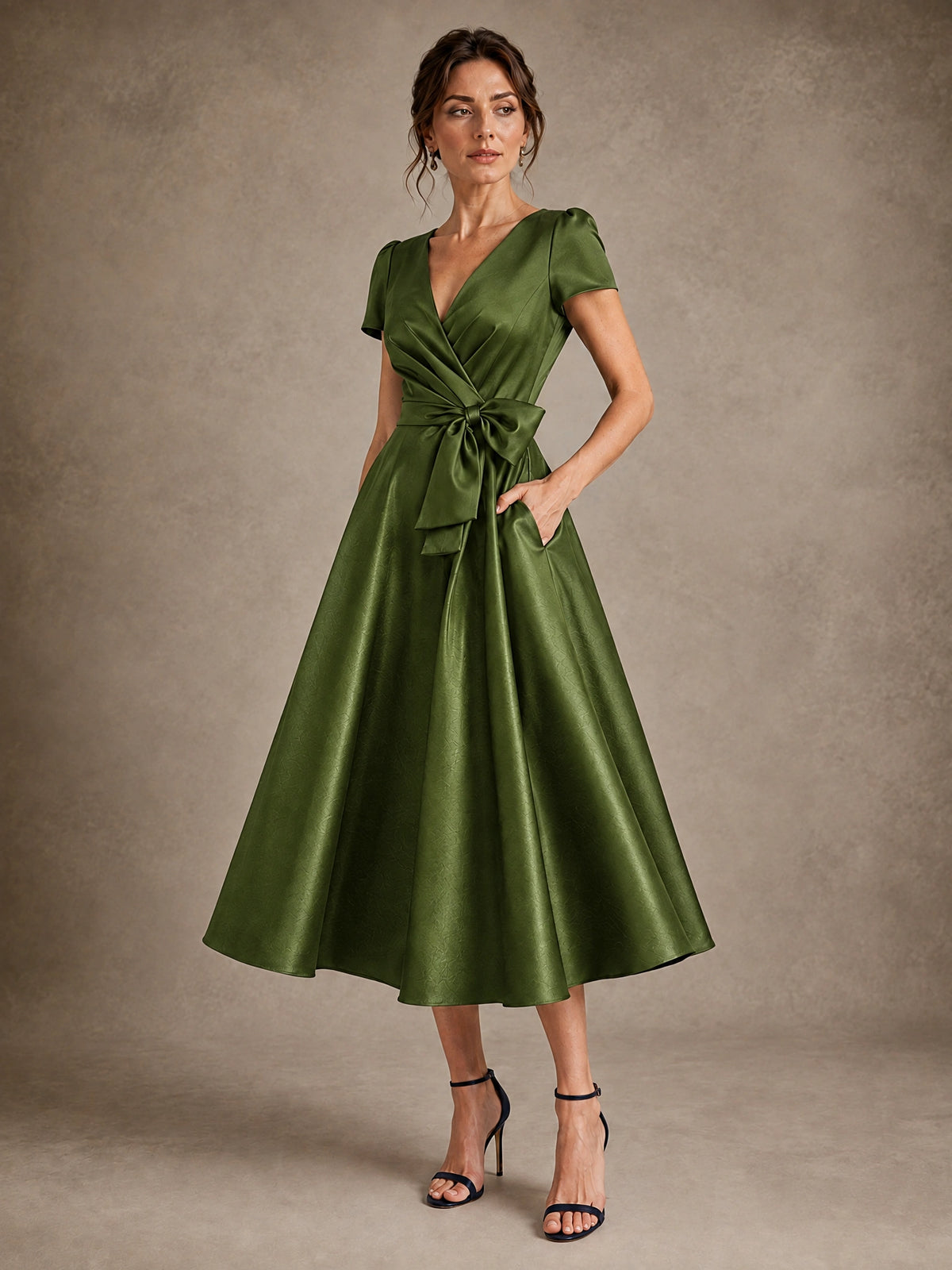 Olive Green V-Neck Tea-Length Satin Mother of the Bride Dress with Bow Jovellee