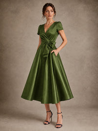 Olive Green V-Neck Tea-Length Satin Mother of the Bride Dress with Bow Jovellee