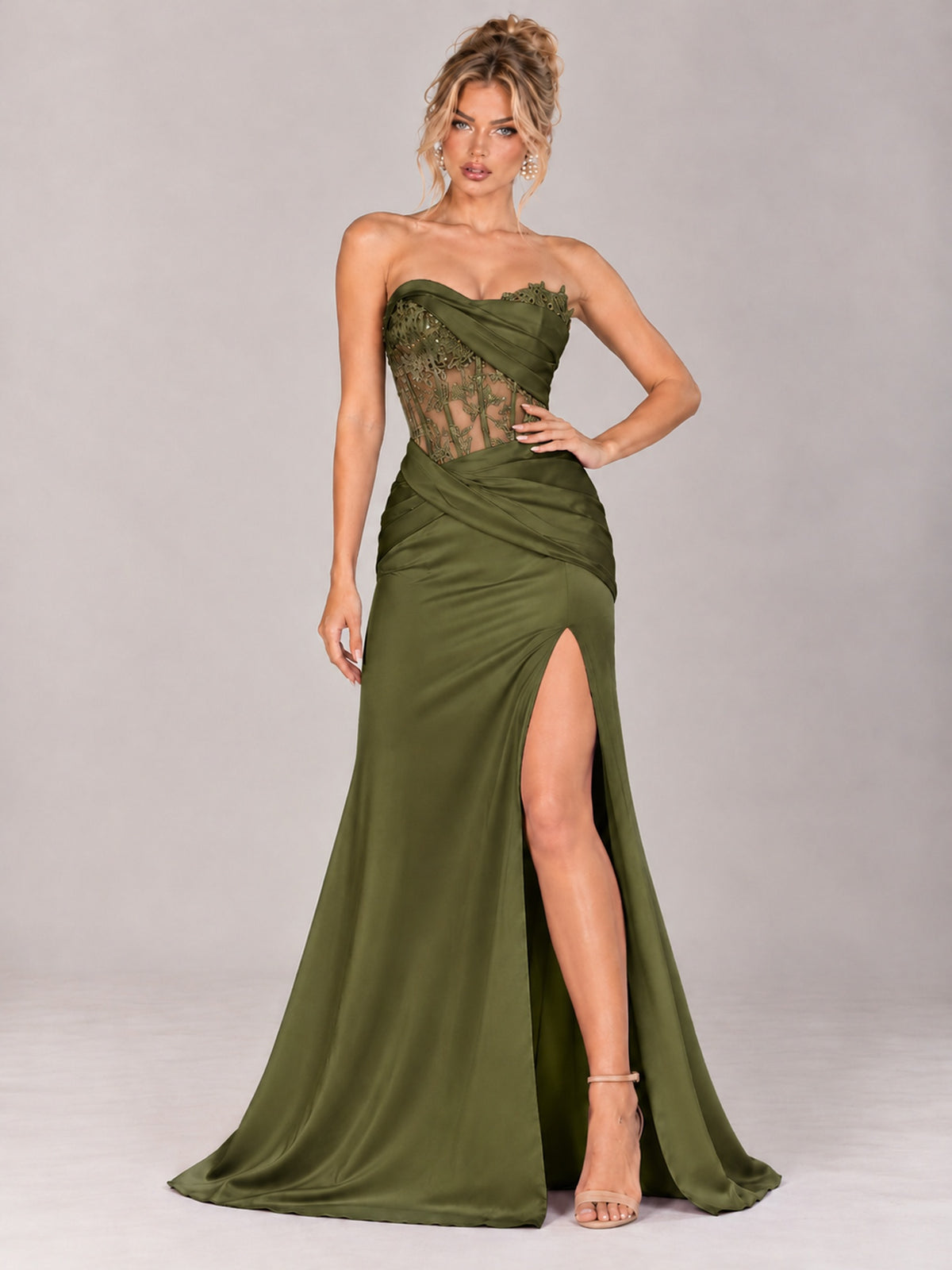 Strapless Satin Prom Dress with Sheer Lace Corset & High Slit