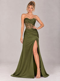 Strapless Satin Prom Dress with Sheer Lace Corset & High Slit