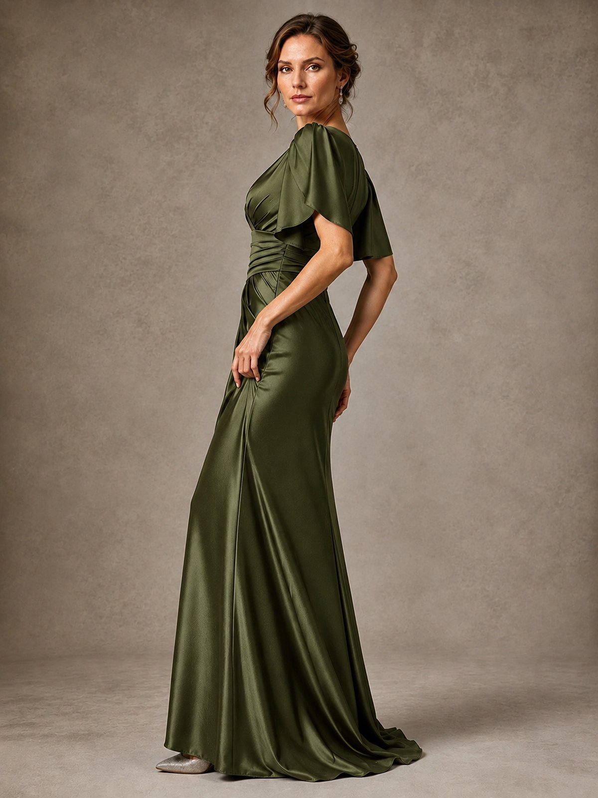 V-Neck Satin Mother of the Bride Dress with Flutter Sleeves