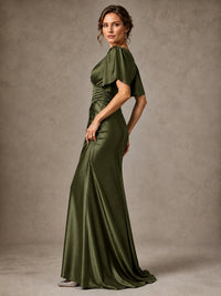 V-Neck Satin Mother of the Bride Dress with Flutter Sleeves