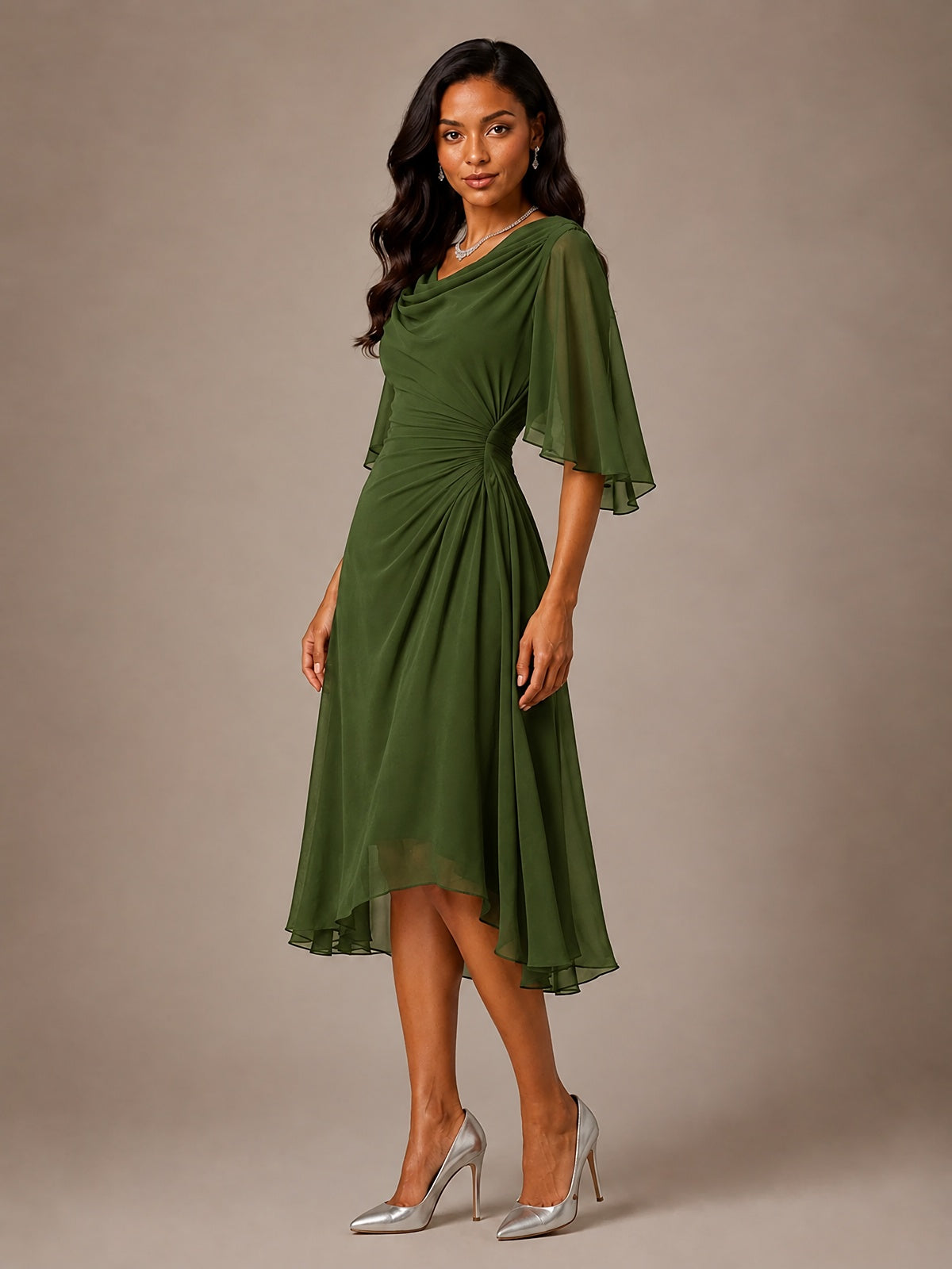 Cowl Neck Ruched Chiffon Mother of the Bride Dresses with Flutter Sleeves