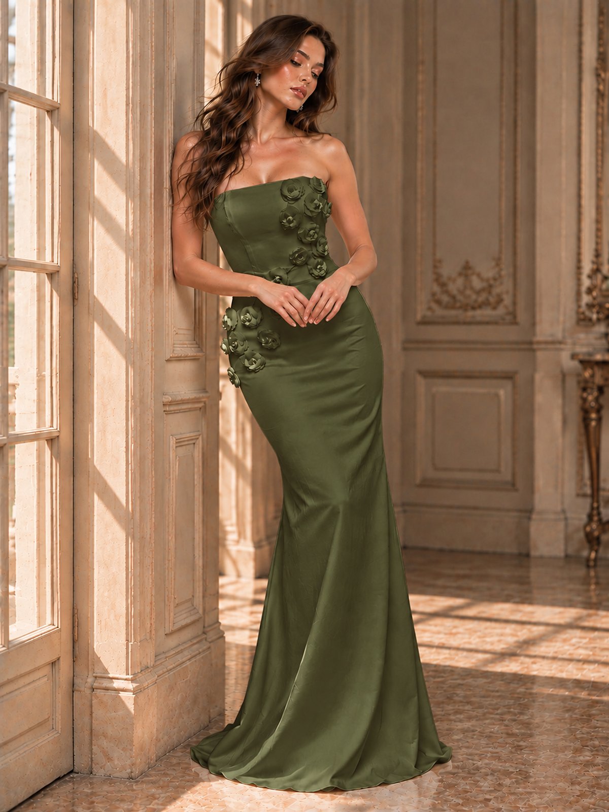 White Strapless Mermaid Maxi Dress with 3D Floral Appliques