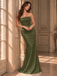 White Strapless Mermaid Maxi Dress with 3D Floral Appliques