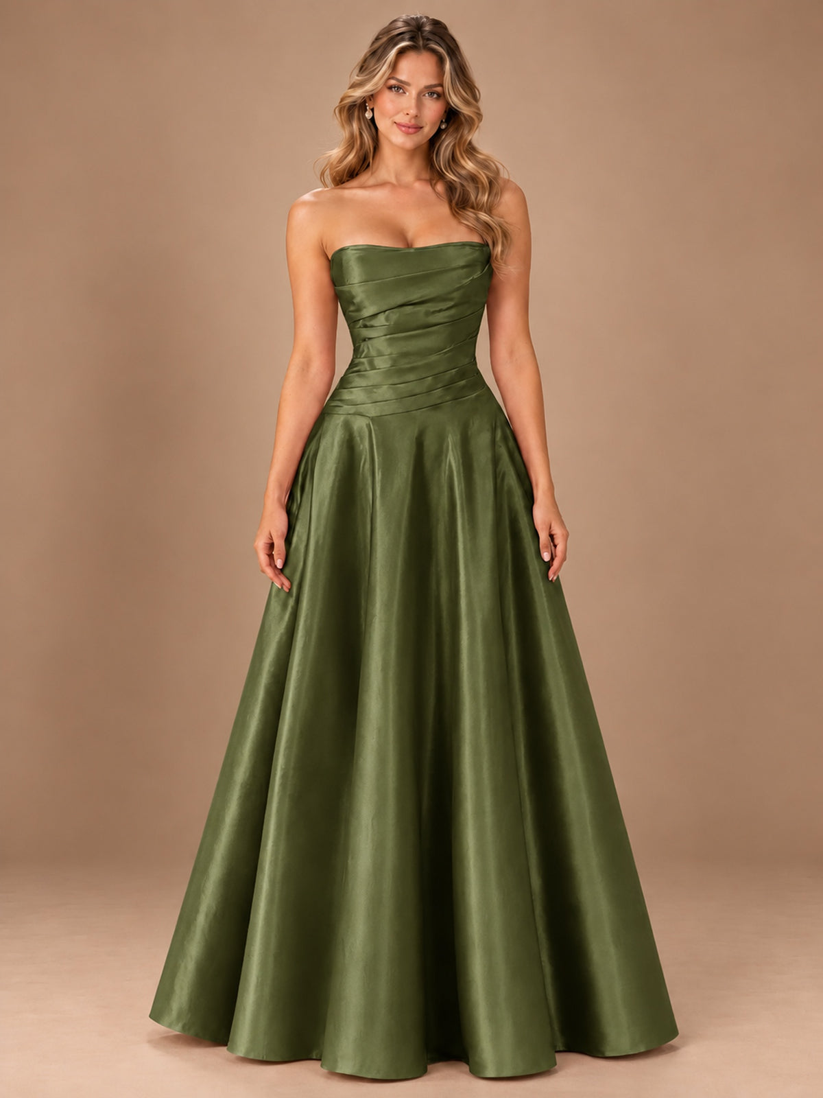 Blush Pink Strapless Satin A-Line Prom Dress with Ruched Bodice