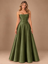 Blush Pink Strapless Satin A-Line Prom Dress with Ruched Bodice