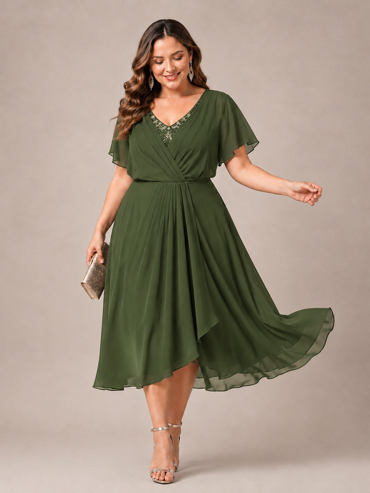Navy Blue A-Line V-Neck Tea-Length Mother of the Bride Dress