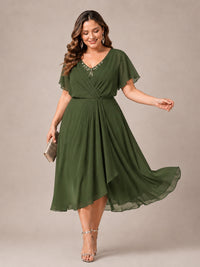 Navy Blue A-Line V-Neck Tea-Length Mother of the Bride Dress