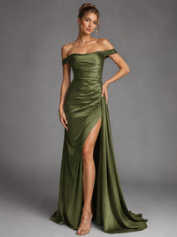 Off Shoulder Satin Maxi Dress with Slit