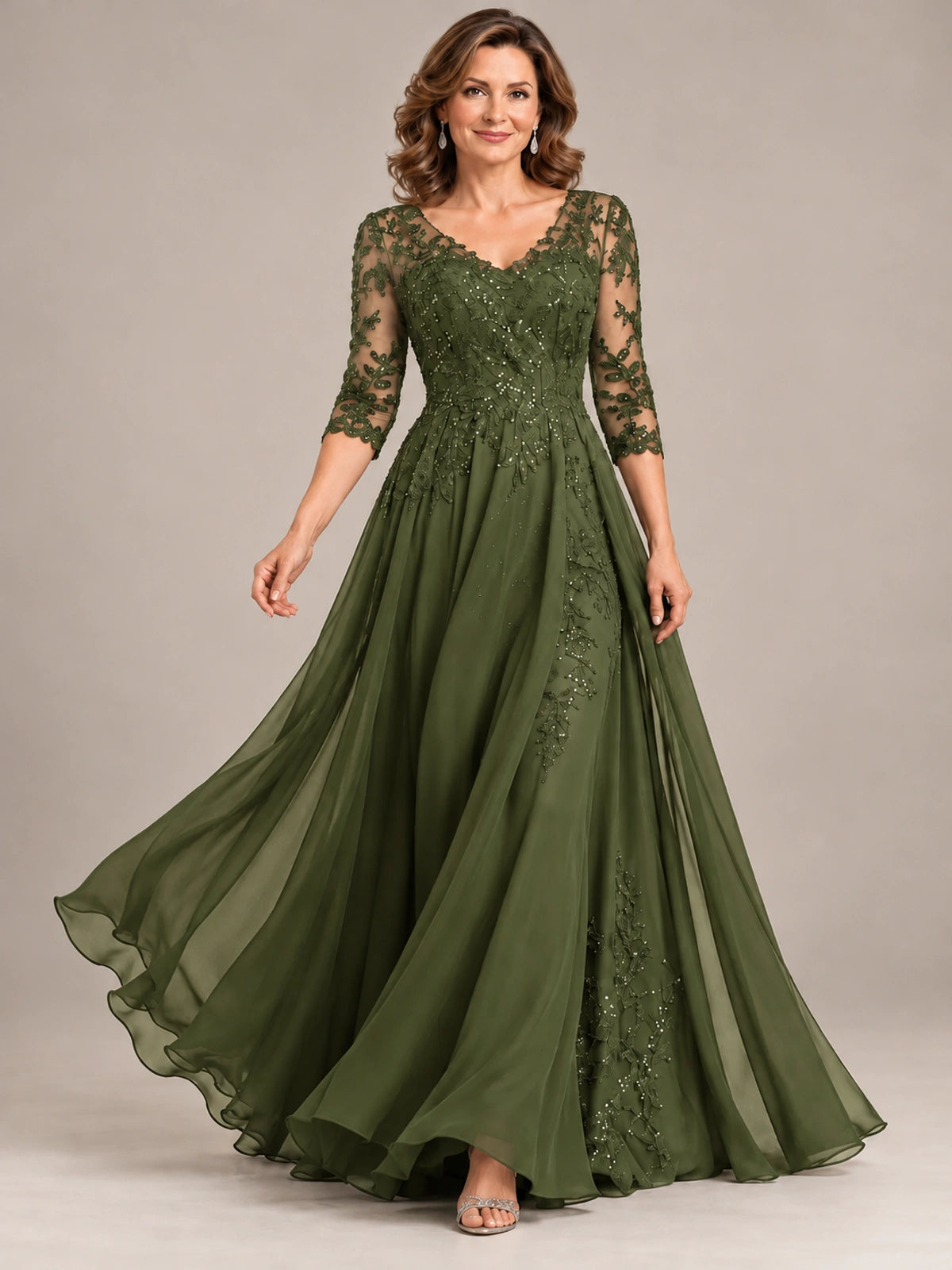 Sequin Lace A-Line Mother of the Bride Dress with 3/4 Sleeves