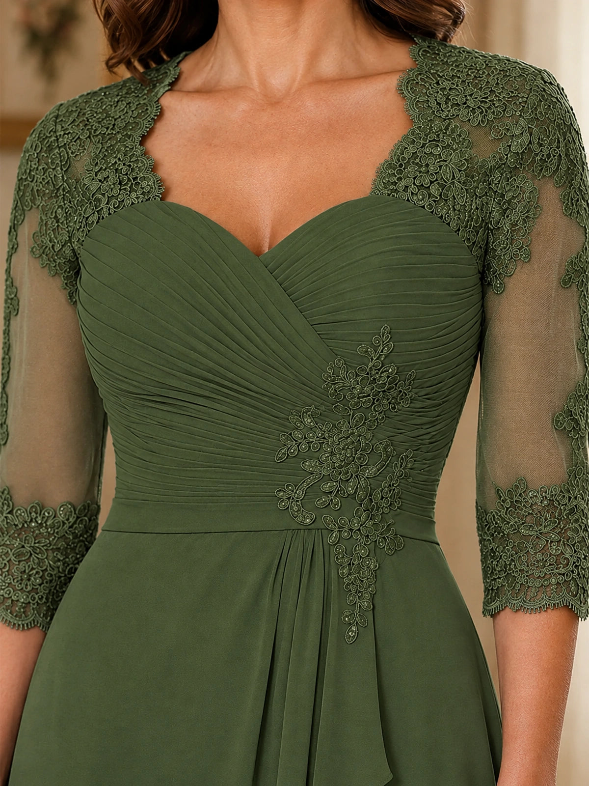 Chiffon Lace Applique Mother of the Bride Dress with 3/4 Sleeves